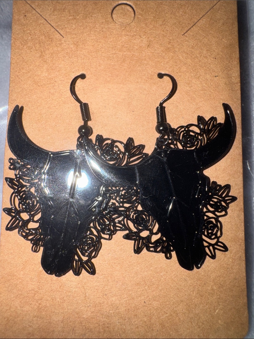 Black Floral Bull Skull Dangle Earrings - Women Jewelry